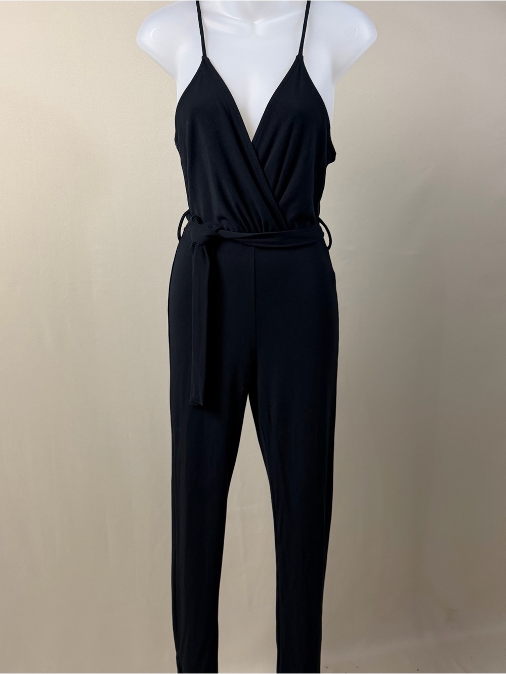 Black V-Neck Wrap Jumpsuit with Belt